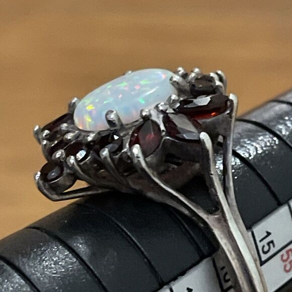 Vintage Sterling Silver Opal And Garnet Cluster Ring Womens Size 8 - Picture 5 of 10